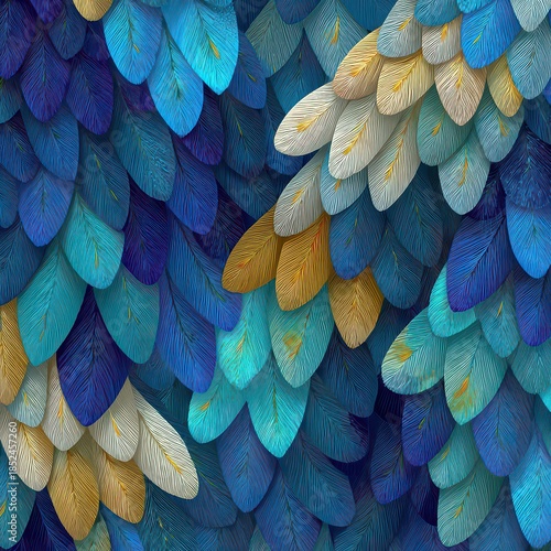 Colorful Feather Texture Background with Blue and Gold Tones