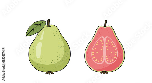 Fresh green guava with a leaf and a vibrant pink-fleshed guava cut in half, showcasing its seeds on a white background.