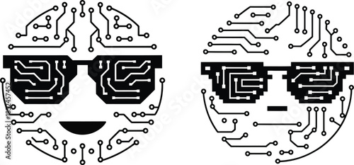 circuit board face designs featuring sunglasses and digital circuitry details, vector illustration