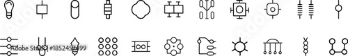 Science and technology icon set. Includes electronics, DNA, network nodes, circuitry, light bulb, molecules, and settings symbols. Perfect for engineering, education, research labs, and tech startups.