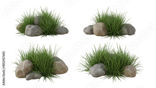 Four views of grass and stones isolated on transparent background