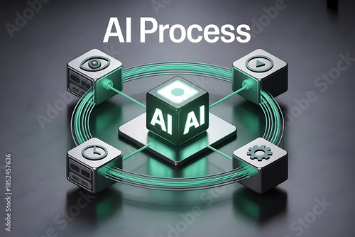 Abstract representation of an ai process with glowing cubes and interconnected lines symbolizing data flow and machine learning
