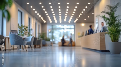 Modern lobby reception area with seating and blurred figures;  professional environment, potentially for office or hotel use