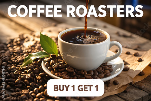 Hot coffee being poured into a cup surrounded by roasted coffee beans on a wooden table, with a promotional text overlay