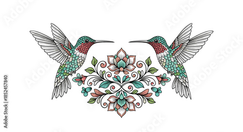 Elegant vintage-style drawing depicting two ruby-throated hummingbirds with a detailed botanical flourish centerpiece.