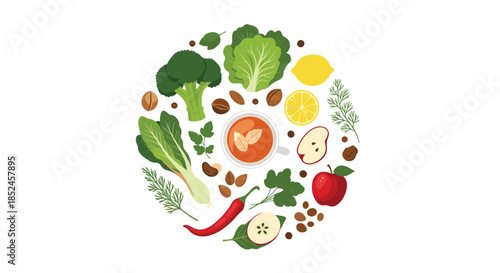 A colorful assortment of fresh fruits, vegetables, nuts, and herbs arranged in a circle, representing healthy eating and natural ingredients.
