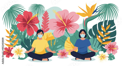 A man and a woman meditate peacefully in a vibrant tropical garden, wearing face masks to stay safe and mindful during the pandemic.