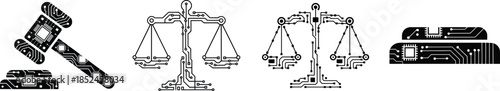 circuit board justice illustration with gavel and balance scales, vector illustration