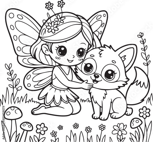 Cute fairy hugging little fox in garden cartoon coloring page outline