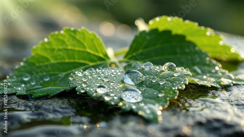 Vibrant Green Leaves Covered in Dew Drops Reflecting Morning Sunlight With Lens Flare Effect on a Textured Surface