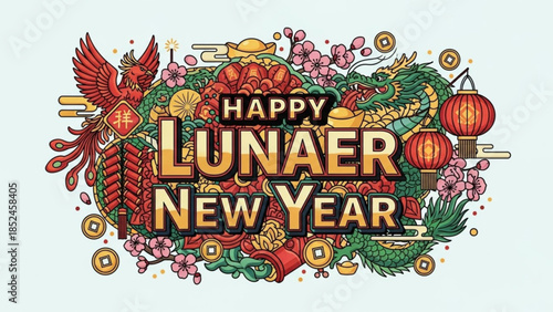 Vibrant happy lunar new year greeting with dragon, phoenix, lanterns, flowers on light green background, festive decorations, gold coins, celebration