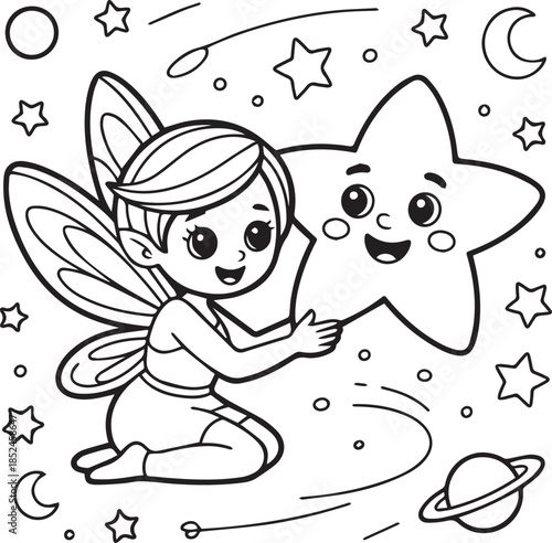 Friendly fairy hugs star character in space for kids coloring book page
