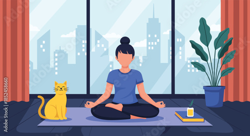 A serene woman practices mindful meditation in the lotus position with her cat on a yoga mat, enjoying tranquility by a window overlooking a city.