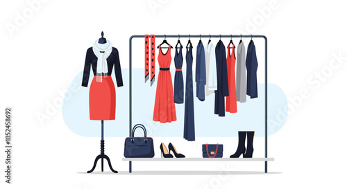 A stylish collection of women's clothing and accessories displayed on a clothing rack and mannequin, featuring dresses, skirts, jackets, and bags.