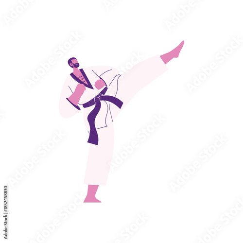 Bearded Karate Practitioner Performing High Kick in Gi.