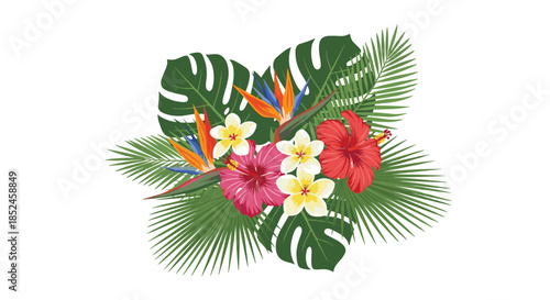 A vibrant arrangement of exotic tropical flowers, including hibiscus, plumeria, and bird of paradise, with lush monstera and palm leaves.