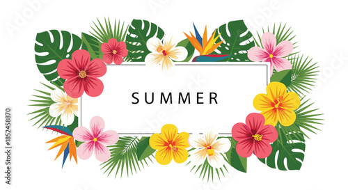 A vibrant summer-themed frame adorned with tropical flowers and lush green leaves, ideal for holiday designs.