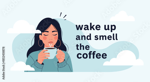 A peaceful woman closes her eyes to enjoy the comforting aroma of a steaming cup of coffee, embodying the popular phrase 'wake up and smell the coffee'.