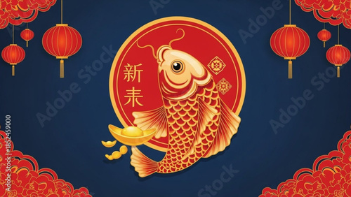 Vibrant gold koi fish swims in front of large red chinese coin with hanging lanterns and clouds on dark blue background for asian new year celebrations