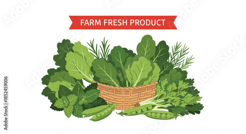 A vibrant collection of farm-fresh green vegetables, leafy greens, herbs, and peas, showcased with a rustic basket.