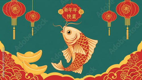 Vibrant red and gold koi fish swims amidst chinese lanterns and waves on festive teal background with asian inspired floral patterns