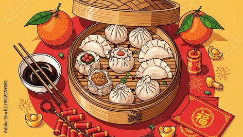 Delicious chinese steamed dumplings in bamboo steamer with soy sauce, oranges and firecrackers on red background for lunar new year celebration