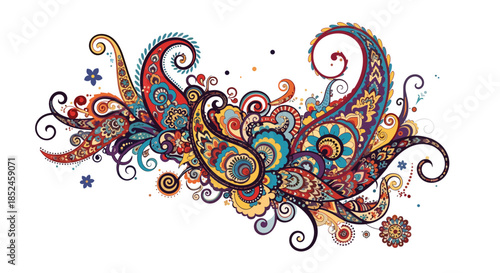 Vibrant and intricate paisley design featuring an array of colorful swirls, floral motifs, and traditional ornamental elements on a white background.
