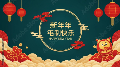 Chinese new year celebration with red lanterns, golden clouds, and dragon dance on dark green background with happy new year text in english and chinese characters