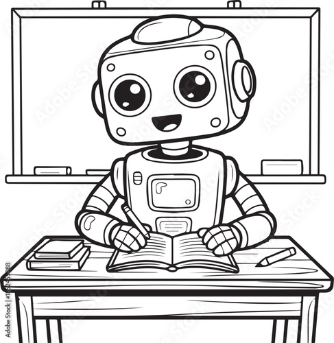 Robot student in classroom at desk writing in notebook coloring page vector