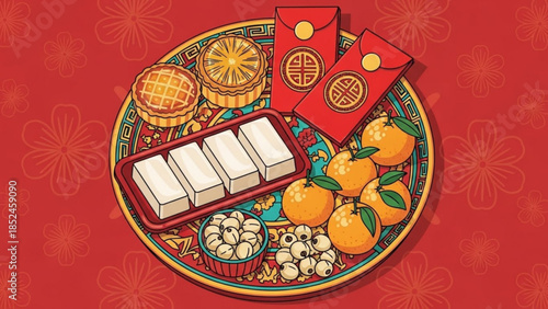 Vibrant chinese new year celebration plate with red envelopes, oranges, and traditional sweets on a decorative background