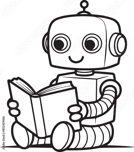 Robot cartoon character sitting and reading book cute outline design