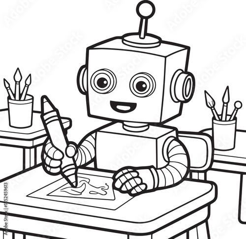 Robot drawing with crayon in classroom on desk with art supplies vector