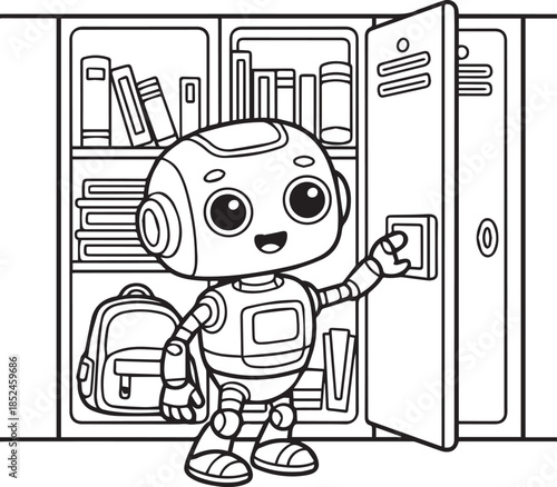 Robot standing next to open locker in school hallway with backpack vector