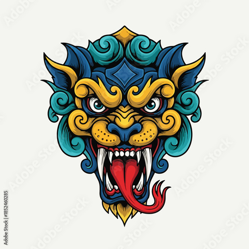 Colorful Mythical Foo Dog Head Illustration with Open Mouth and Tongue.