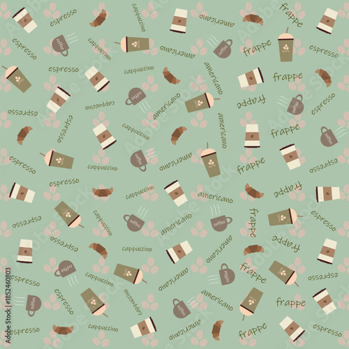 Coffee Seamless Pattern in Brown Background with Beans and Cups