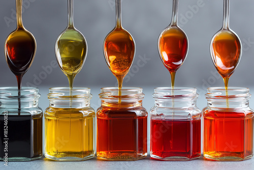 Row of Glass Jars with Colorful Medicinal Syrups and Spoons