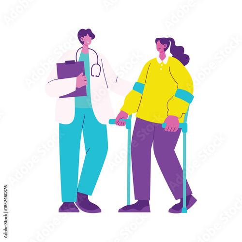 Doctor Supporting Female Patient Using Crutches After Injury.