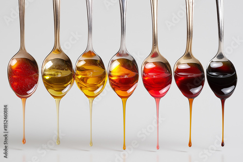 Various Liquid Medications and Supplements Poured from a Sequence of Spoons