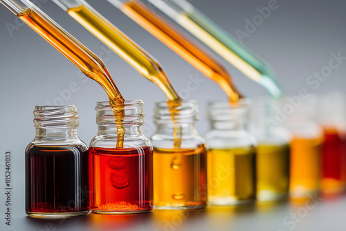 Various Medicine Syrups and Colorful Liquids Being Poured into Glass Vials