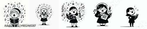 line art of a child singing a Christmas carol. Vector, minimalist, illustration, icon set.