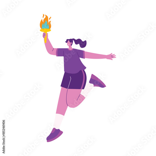 Female Athlete Running with Flaming Olympic Torch.
