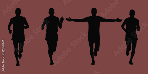 Running silhouettes, athletic motion, sports energy, marathon sprint, finish line pose, fitness activity, dynamic runners, flat vector illustration