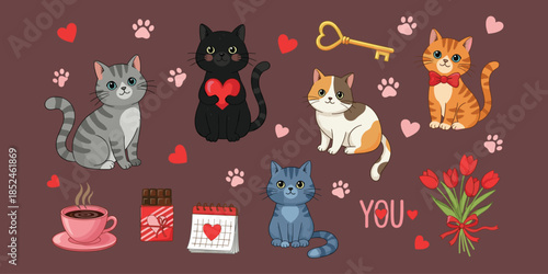 Valentine cats, love elements, heart icons, tulips, chocolate, coffee, cute animals, romantic theme, gift symbols, flat vector illustration