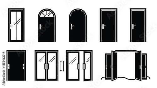 Various door and window designs in black and white illustrations set