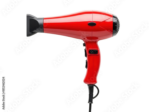 Red hair dryer with black accents on a black background