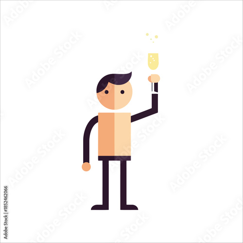 A minimalist flat design illustration of a person toasting with a glass of sparkling wine or champagne, celebrating an event.