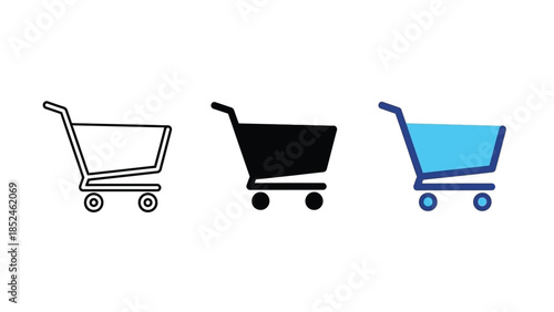 Set of three shopping cart icons, outline, solid black and blue filled styles for ecommerce and retail design