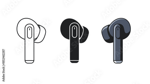 Three styles of wireless earbuds in charging case icon outline, solid black and colored illustration