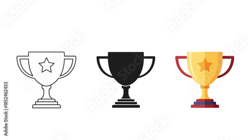 Set of three trophy icons outline, silhouette and colored award cup with star