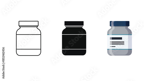 Set of three supplement or medicine bottles icons outline, solid black and colored illustration, representing different design styles for containers